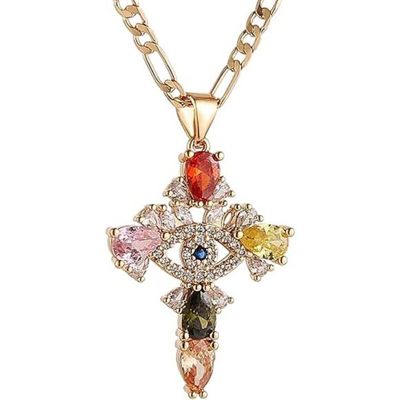 HZMAN Crystal 14K Inlay Evil Eye Egyptian Cross Pendant Necklace - Picture 1 of 3